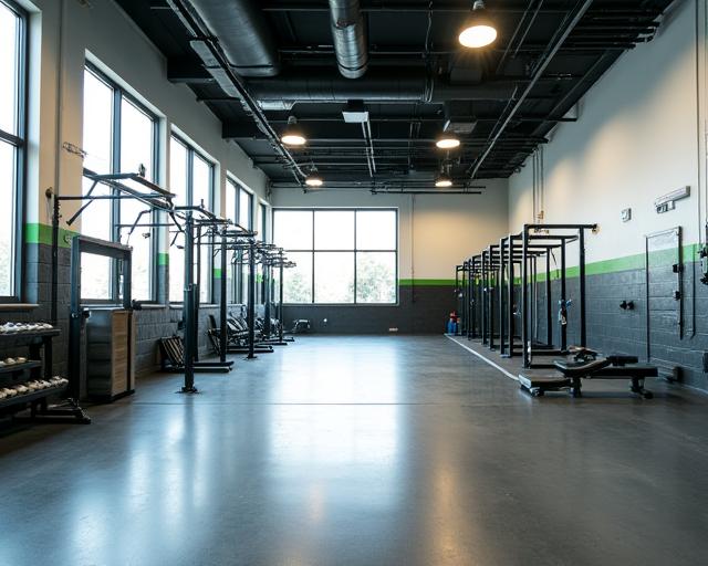 An spás urláir giomnáisiam geal agus fairsing ag IronRoot Athletics.